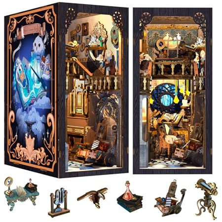 Cutefun Kit de Bricolage pour Coin de Livre avec Housse Anti-poussière,kit de modèle de bibliothèque avec Meubles et lumière LED, (Nebula Rest Room)