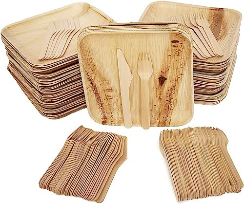 ECONLY Piatti quadrati usa e getta compostabili in foglia di palma da 25,4 cm + forchetta [50] + coltello [50] piatti ecologici resistenti e posate piatti in legno usa e getta