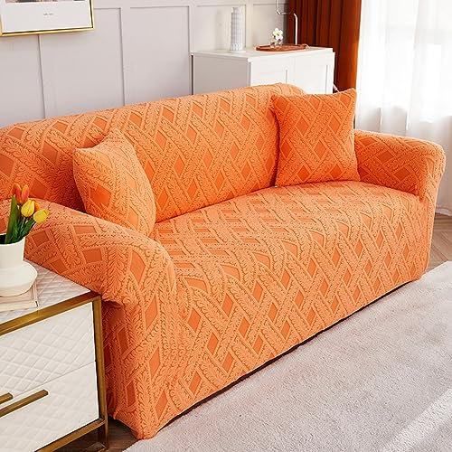 OKJK Plüsch Jacquard Sofabezug für Ledersofa, Wohnzimmer All-Inclusive Sofa überzug, auf Sofabezug l Form auftragen, Möbels sofaschoner weich und rutschfest. (orange,Medium(145-185cm))