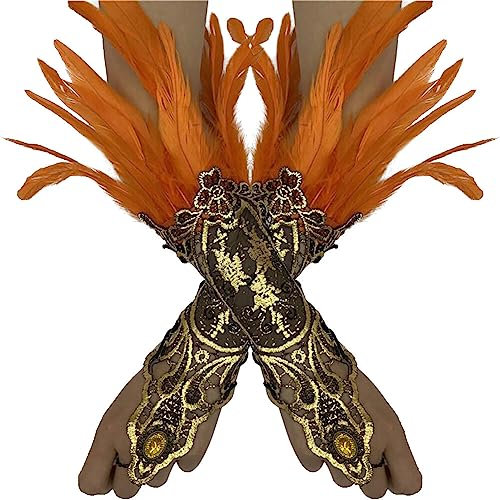 MoreChioce 1 Paar Vintage Federhandschuhe, Damen Feder Spitze Fingerlose Lange Handschuhe Federarmhandschuhe Armkette für Hochzeit Party Halloween,Orange