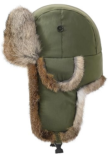 Harssidanzar Fliegermütze wasserdichte Winter Kaninchen Pelz Hüte Gefüttert Trappermütze Aviatormütze für Herren und Damen CU606EU, Armeegrün, Größe M