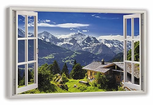 HUBDECO Leinwandbild Fensterblick Alpenberge Bild 70x50 cm - Landschaftsbilder auf Leinwand - Wandbilder Wohnzimmer - Bild Fenster mit Ausblick - Aesthetic Room Decor - Wanddeko Schlafzimmer
