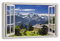 HUBDECO Leinwandbild Fensterblick Alpenberge Bild 70x50 cm - Landschaftsbilder auf Leinwand - Wandbilder Wohnzimmer - Bild Fenster mit Ausblick - Aesthetic Room Decor - Wanddeko Schlafzimmer