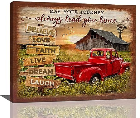 dollffey Farmhouse Red Truck Wall Art Country Old Barn Windmill Pictures Wall Decor Canvas Prints Framed Modern Farm Car Sunset Painting Artwork for Kitchen Bathroom Dining Room Office 20x16