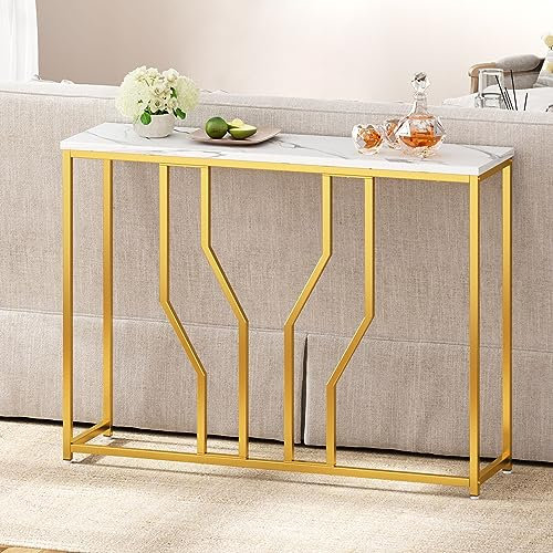 DlandHome Table Console Table d'Appoint 110 * 30 * 80cm pour Salon/Couloir/Entrée, Placage Marbré Blanc avec Cadre en Métal Dorés