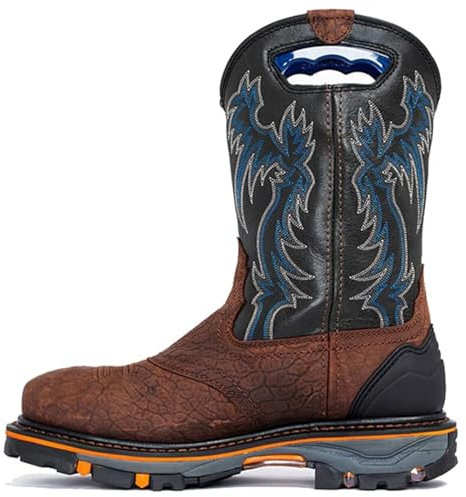 DJFOG Herren-Western-Cowboystiefel aus Leder mit quadratischer Zehenpartie, mittelhoher, lässiger Arbeitsstiefel, bestickter Country-Stiefel aus Leder, Moderne, traditionell bestickte,Braun,46 EU