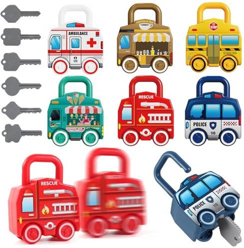 TEUVO Clés et Serrures Jeux Enfants, Voiture Jouets Montessori 2 3 4 5 6 Ans Bébés Educatif Précoce Sensoriel Numérique Match Jeux Motricité avec Clés Voiture Travel Jeux Cadeau pour Garçons Fille