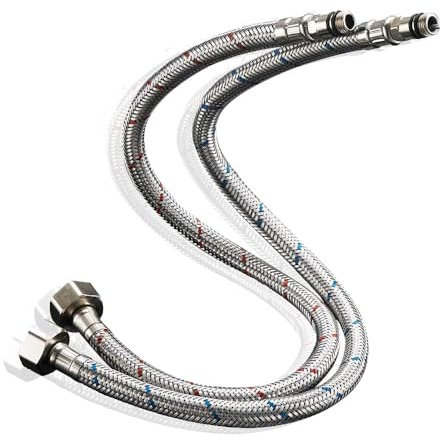 Haiba Pack of 2 Kitchen/Basin Monobloc Mixer Tap Connectors Flexi Pipes Tails British Standard Pipe M10 x1/2 Fitting 500mm Long (Silver Pipes)