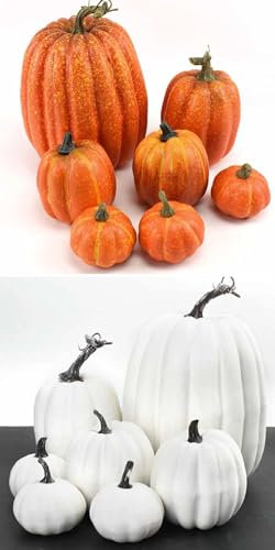 Primal Internet GmbH Kürbis Deko Plastik Herbst Halloween draußen & drinnen | Weiß & Orange | Set aus 7 Kürbissen groß & klein (Weiß)