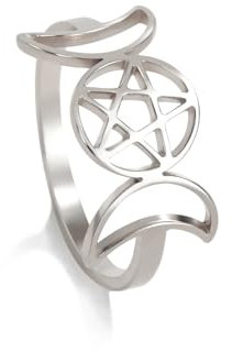 EUEAVAN Dreifacher Mond Göttin Ring für Frauen Pentagramm Stern Mondsichel Amulett Religion Wicca Schmuck Pagan Geschenk (silber, 9)