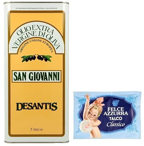 1er-Pack De Santis San Giovanni Olio Extra Vergine di Oliva,Natives Olivenöl Extra,Ideal für alle Anwendungen in der Küche,5Lt Dose + 1er-Pack Kostenlos Felce Azzurra Talkumpuder, 100g-Beutel