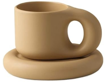 Ensemble de tasses à café en céramique avec poignée Chubby, Tasses latte de 9 oz avec soucoupes assorties pour le bureau et la maison