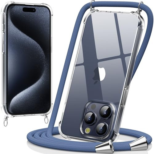 caslord Handyband kompatibel mit iPhone 15 Pro 6,1 Zoll, Necklace Hülle mit Bands Handyhülle für zum Umhängen, Transparent Case mit Handykordel,Stoßfeste Schutzhülle zum Umhängen Kordel, Blau