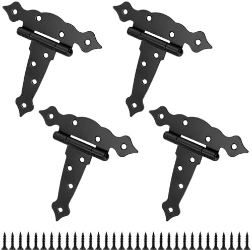 JOIKIT 4 PCS Black Iron T Strap Hinges, 5 Inch Retro Style Garden Shed Door Hinge with Screws