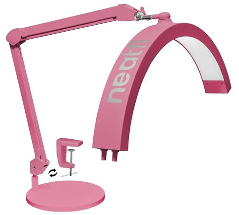 Neatfi Lampada da Tavolo con Braccio Oscillante a Mezza Luna, Illuminazione LED Professionale per Estetisti, 2500 lumen, 5 modalità, ideale per Nail Art (CCT con Base e Morsetto, Rosa)