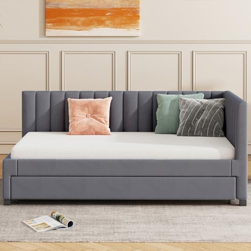 Idemon Polsterbett 90 * 200, Ausziehbares Schlafsofa, Multifunktionsbett mit Lattenrost, Jugendbetten Kinderbetten Gästebetten, Samtstoff (Grau)