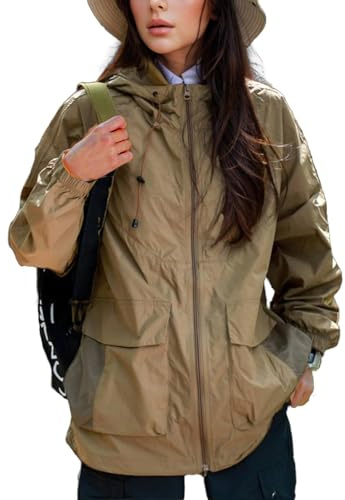 AIWUFLY Damen Sonnenschutzjacke mit LSF 50+, wasserdicht, leicht, Reißverschluss, Outdoor, Kapuze, athletischer Mantel mit Taschen, Khaki, L