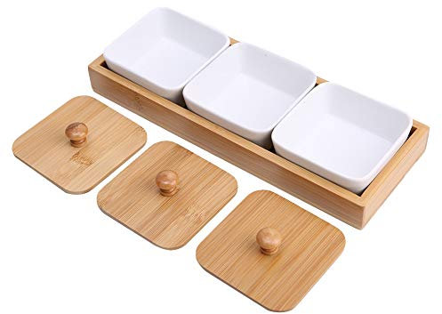 Sonew Assiette de Service d'apéritif en Céramique avec Couvercle de Plateau en Bambou pour Fruits, Noix, Desserts, Plateau à Collation à 3 Compartiments écologique, sans BPA,
