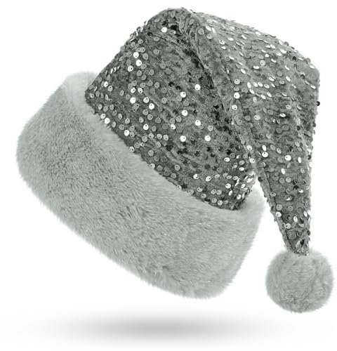 KONVINIT Grau Weihnachtsmütze Erwachsene Nikolausmütze Dicker Fellrand Warm Weihnachtsmann Mütze,Santa Clause Mütze für Weihnachtsfeier,grau