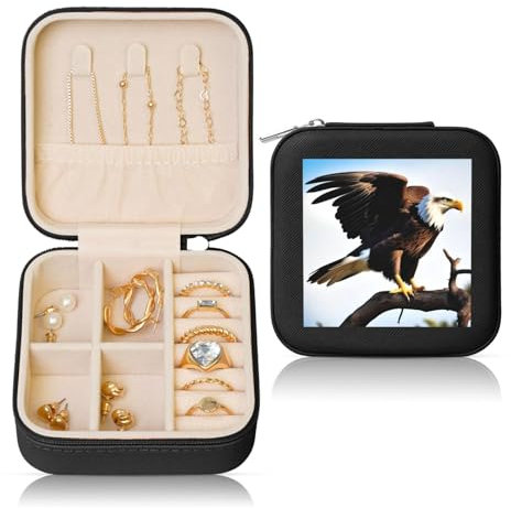 PHAYAH Quadratische Reise-Schmuckschatulle, Adler mit Flügeln, Leder-Schmuckring-Organizer für Mädchen, Damen (schwarz)