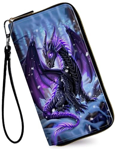 RAUEDWDJS Damen-Geldbörse, Kreditkartenhalter, Geld, Leder, Lange Geldbörse mit Handgelenk, großes Fassungsvermögen, mit umlaufendem Reißverschluss, für Damen, Mädchen, Niedlicher Kleiner Drache,