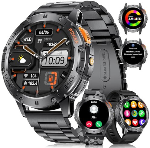 LIGE Military Smart Watch for Men with Bluetooth Call,1.43 AMOLED with LED Flashlight/530mAh,100+ Sports Mode Tactical Fitness Tracker/Heart Rate Sleep Health Monitor/IP68 Waterproof for Android iOS