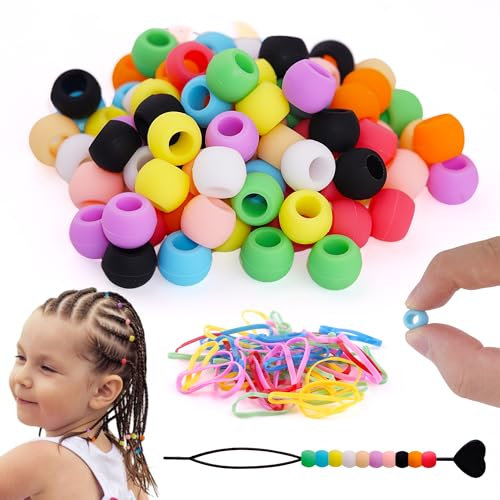 100Pcs Silicone Hair Beads for Kids, Soft Colorful Rubber Pony Beads for Girls Braids Hair Accessories for Dreadlock with Rubber Band and Quick Beader, Small