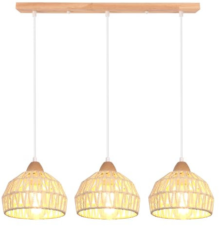 iDEGU Vintage Pendelleuchte 3-flammig Kronleuchter aus Holz Rattan Lampenschirm 20cm E27 Hängeleuchte Dekoration Retro Hängelampe für Esszimmer, Schlafzimmer, Wohnzimmer, Küche (Cremeweiß, Balken)