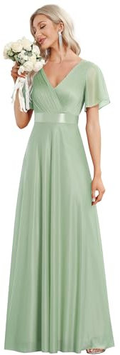 Ever-Pretty Robe Longue de Soiree Tulle Plissé Femme Manches Courtes Col V A Line Taille Empire Brillante Élégante Verte Menthe 42