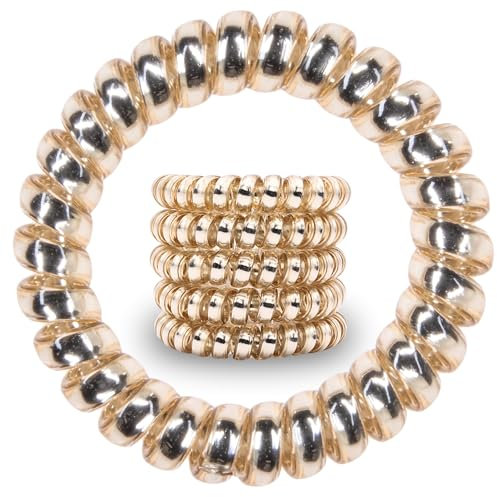 Specora Spiral Haargummi Gold 5er Pack - 5 cm - Telefonkabel Zopfgummi - Ohne Ziepen & Verheddern - Elastisch, ohne Abdruck, haarschonend