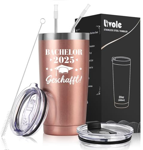 Livole Bachelor 2025 Geschafft, Geschenke zum Bachelor Abschluss Frauen, Sie, Freundin, Schulabschluss Geschenk, Bachelor Hut Becher, Bachelor Thermobecher, 600ml Vakuum Kaffee Becher mit Strohhalm