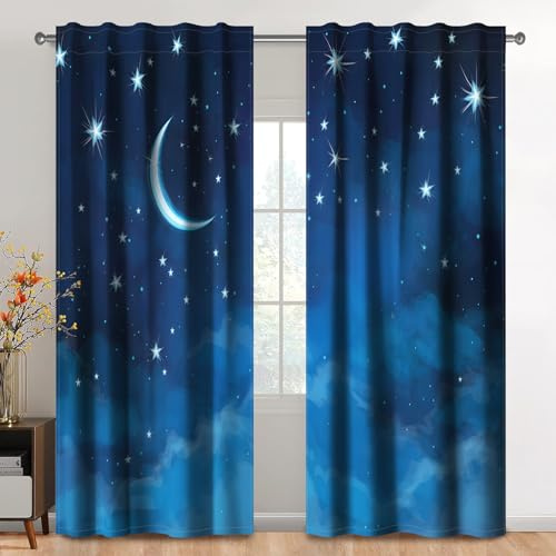 Kzzfqxb 132×214cm Starlit Sky Vorhangset aus 2 Paneelen, Blauer Mond Sterne Nacht Himmel Sternenhimmel Bedruckte vorhänge für Kinder, Schlafzimmer Wohnzimmer Fenster Vorhänge