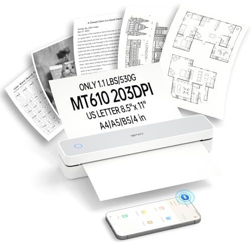iDPRT Tragbare Drucker Wireless für Reisen,MT610 Mini Thermodrucker A4,Bluetooth Drucker für Reisen,Zuhause,Studium,Wireless Drucker für den Heimgebrauch Kompatibel mit iOS,Android und PC,Weiß