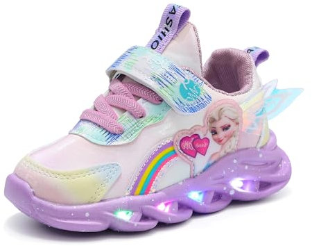 Elsa schuhe mädchen mit led, bequeme sneaker mädchen 27 in rosa/lila mit klettverschluss, sportschuhe Kinder für frühling, sommer und herbst, cartoon-design, größe 21-35(Lila,28 EU)