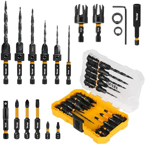 TOLESA Senkbohrer Holz Set, 18tlg mit Tiefenanschlag, 1/4 Sechskant | Konische Senkbohrer #4, #6, #8, #10, #12, Holzdübelschneider, 4 Schneiden, Nitrierter M2 HSS, Aufbewahrungskoffer