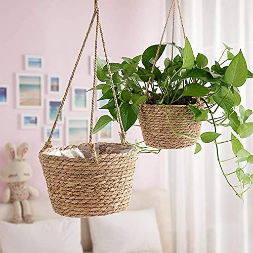 2PACK Hanging Basket Jute Rope Hanging Basket Foldable Seagrass Macrame Basket for Succulent Plants Indoor Outdoor Decor