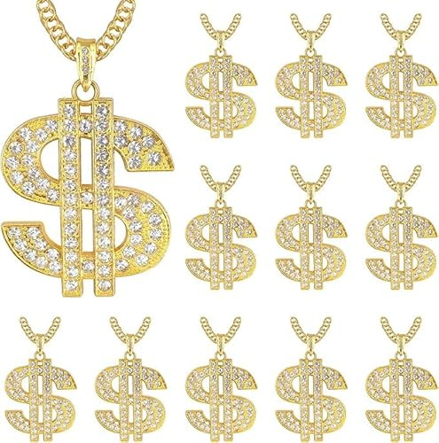 Xaztr 12Pcs Dollar Necklace, Gold Money Dollar Sign Chain Pendant Necklace for Men, Hip Hop Plated Chain with Dollars Sign for Rapper