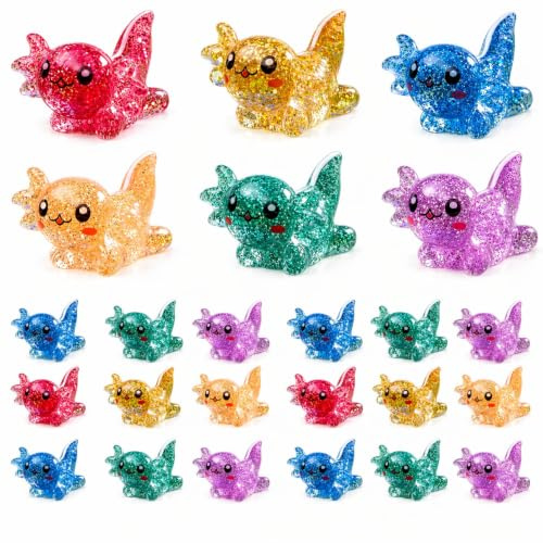 24 Pcs Mini Resin Axolotl Figures – Glitter Animal Figurines for DIY Crafts | 6 Bright Colours, Glossy Glitter Finish, Dollhouse Scenes, Fairy Garden Decor, Craft And Party Projects