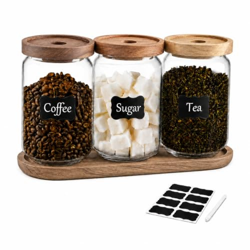 Gzsekken Tea Coffee Sugar Canisters, Airtight Coffee Tea Sugar Set with Wooden Tray, Clear Stackable Kitchen Canisters, Glass Food Storage Jars Set of 3 for Countertop Pantry Organisation