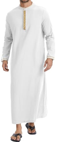 YAOHUOLE Thobe for Men Cotton Linen Long Sleeve Muslim Kaftan Robe with Stand Collar and Pockets