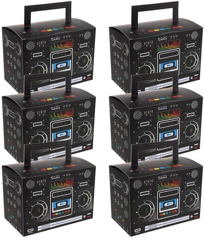 NUOBESTY 6 Stück 80 Stück/90 Stück Jahre Party Deko Boombox Kuchenboxen aus Pappe Schwarz Vielseitige Süßigkeiten und Popcornbehälter Hip Hop Tischdekoration für Mottoparty
