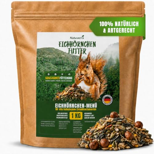 Natuverra Menù per scoiattolo, 1 kg, mix premium di semi, cereali, noci, frutta e verdura, ricco di proteine ed energia, cibo tutto l'anno per scoiattoli e scoiattoli, richiudibile