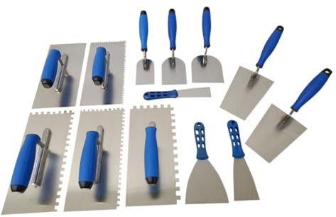 Kabou Profi Maurerkellen-Set Kellenset mit Glättekelle Zahnkelle Trapez-Spachtel Spachtelkelle Stuckateurkelle rostfrei für Putz-, Spachtel und Fliesenlegerarbeiten uvm. + Gratis Fassadenspachtel