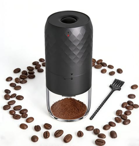 WIWONEY Elektrische Kaffeemühle Tragbar - 5 einstellbare Mahlgrade | Kegelmahlwerk, USB-C-Schnellladung und Ein-Knopf-Bedienung - Inklusive Reinigungsbürste - Für Reise, Camping