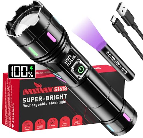 Shadowhawk Taschenlampe Led Aufladbar 500000 Lumen Extrem Hell & Zoombale | 30W Taktische 12H Laufzeit & 1000m Reichweite, LCD-Display, IP67 USB C Flashlight für Outdoor/Camping/Wandern, Leucht-Signal