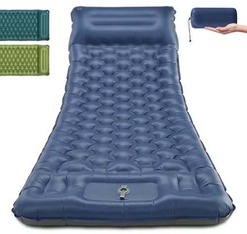 Isomatte Camping, 83cm Extra Breite Aufblasbare Luftmatratze mit integrierter Fußpresse Pumpe & ergonomischem Kissen,12cm Verdickt, Ultraleicht & Wasserdicht für Outdoor, Wandern & Strand (Blau）