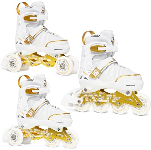 RAVEN Oxen 3in1 Inline Skates Inliner Triskates Rollschuhe für Kinder und Erwachsene verstellbar (White/Gold, 34-37 (21-23,5cm))