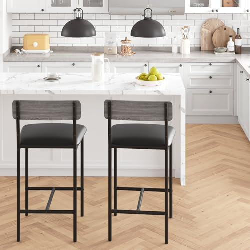 GarveeMore 2er Set Barhocker mit Fußstütze, 64,8 cm hohe gepolsterte Thekenhocker mit Rückenlehne, Moderne Küchenhocker für Tresen, Insel, Küche – einfache Montage, Grau