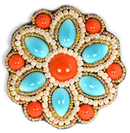 Broche Fleur Corail et Turquoise en Porcelaine et Perles de Verre - Bijou Fantaisie