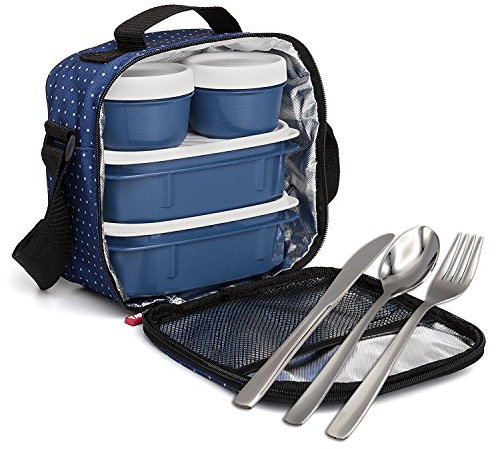 PracticFood - Kit Urban Food Negro Cubiertos - Bolsa térmica porta alimentos. Dots Azul